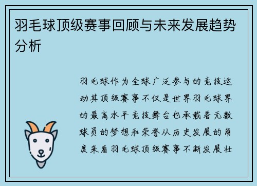羽毛球顶级赛事回顾与未来发展趋势分析