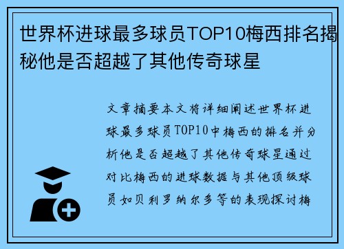 世界杯进球最多球员TOP10梅西排名揭秘他是否超越了其他传奇球星 世界杯进球最多球员TOP10梅西排名揭秘他是否超越了其他传奇球星