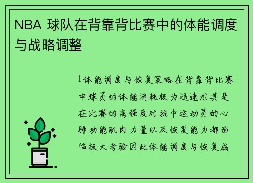NBA 球队在背靠背比赛中的体能调度与战略调整